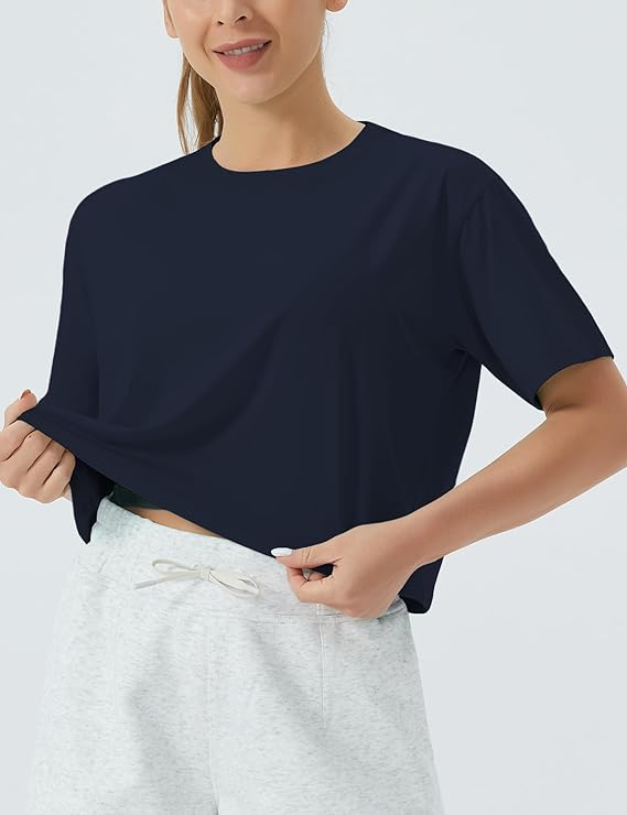 Women's Workout Gym Crop Top T-Shirt Yoga Running Cropped Basic Tee Navy Blue