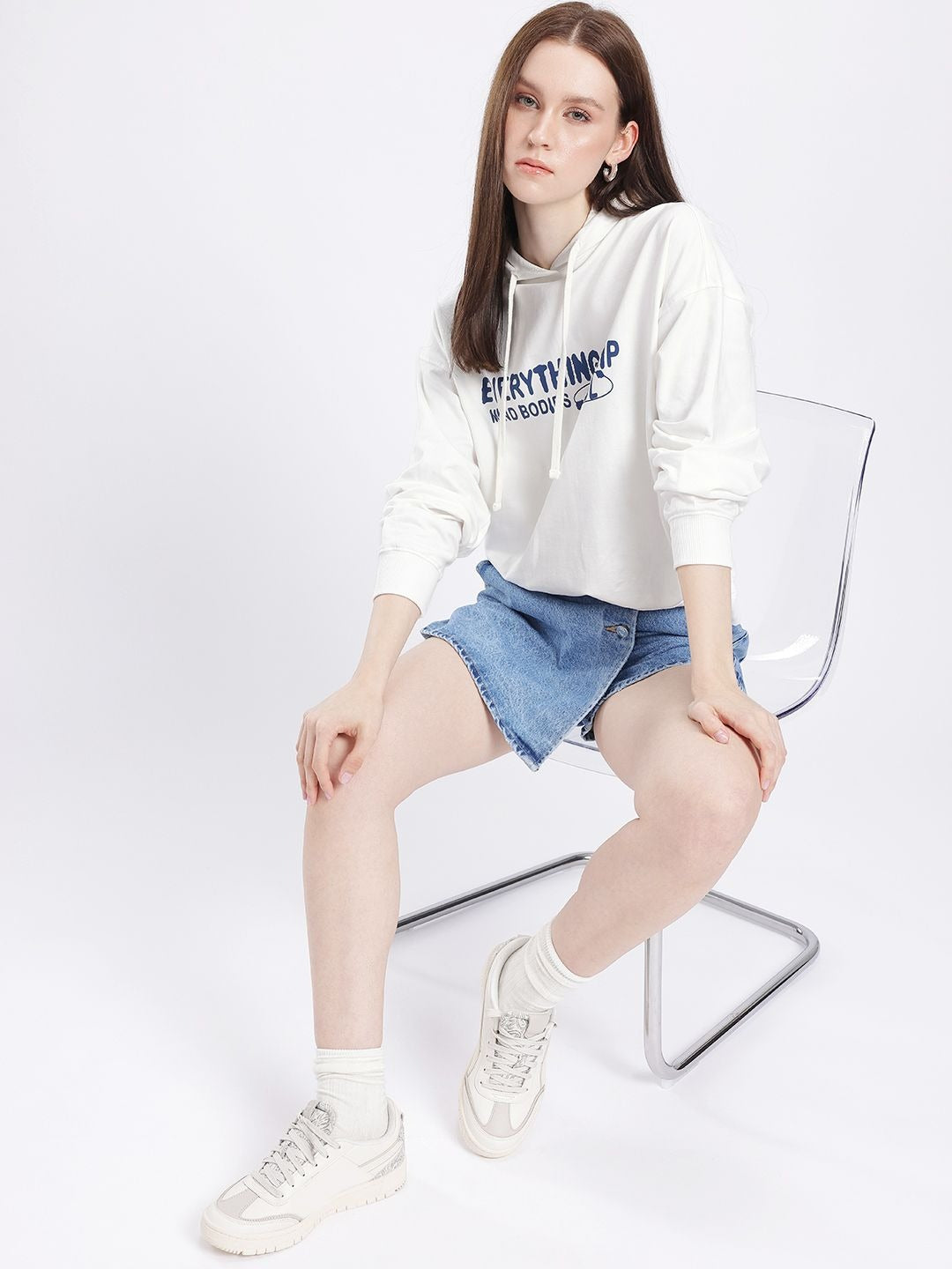 Women Printed Cotton Terry Oversized Hooded White Hoodie — Stylish Casual Hoodie for Women in Pakistan