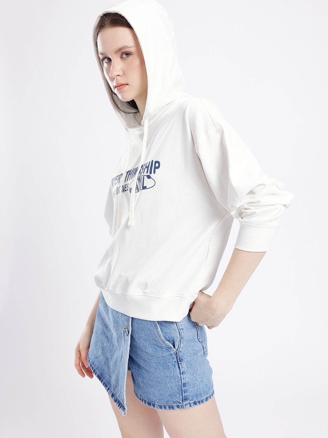 Women Printed Cotton Terry Oversized Hooded White Hoodie — Stylish Casual Hoodie for Women in Pakistan