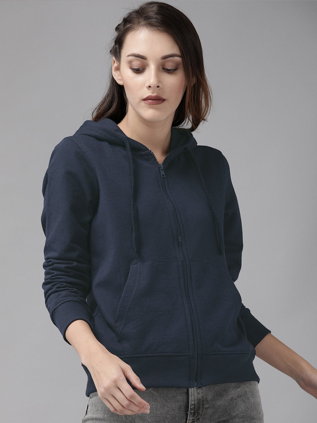 Women Navy Blue Solid Hooded Front-Open Green Turn Zipper — Stylish Zip-Up Hoodie for Women in Pakistan