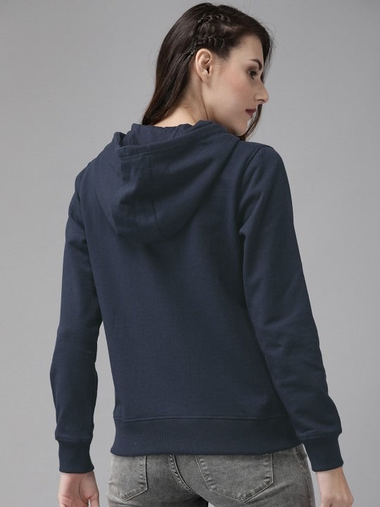 Women Navy Blue Solid Hooded Front-Open Green Turn Zipper — Stylish Zip-Up Hoodie for Women in Pakistan