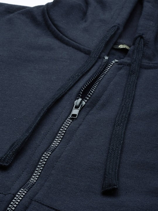Women Navy Blue Solid Hooded Front-Open Green Turn Zipper — Stylish Zip-Up Hoodie for Women in Pakistan