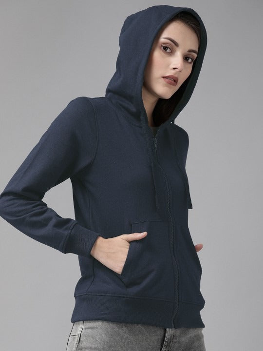 Women Navy Blue Solid Hooded Front-Open Green Turn Zipper — Stylish Zip-Up Hoodie for Women in Pakistan