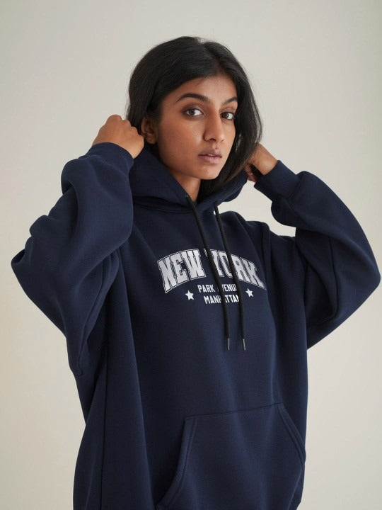 Women Typography Printed Hooded Navy Blue Hoodie — Trendy Graphic Hoodie for Women in Pakistan