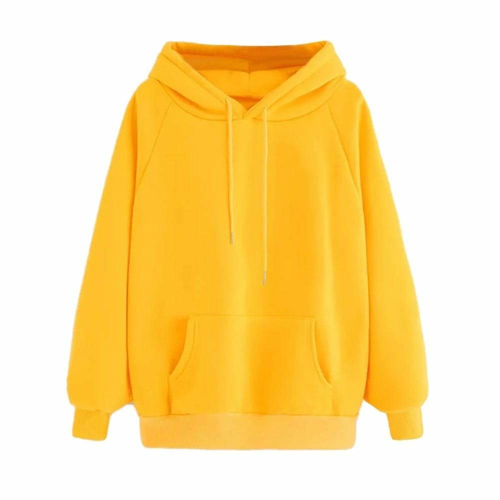 Yellow Plain Fleece Full Sleeves Pull Over Hoodie For Women