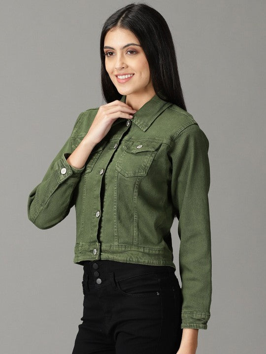 Women Washed Crop Olive Green Denim Jacket