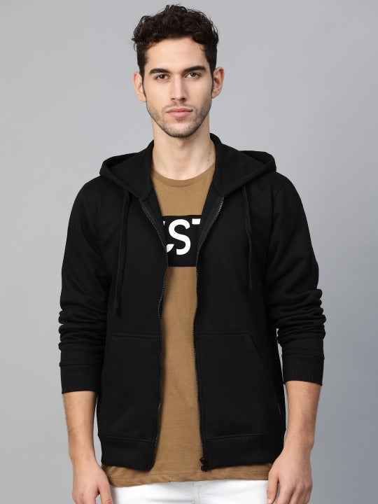 Men Black Solid Hooded Sweatshirt – Cotton Fleece Pullover Hoodie for Men in Pakistan | DENIMS