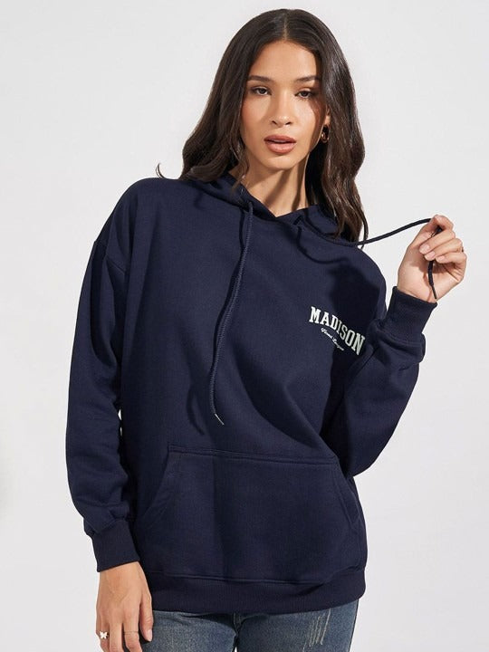 Women Typography Printed Oversized Fit Longline Hoodie – Trendy Streetwear Style in Pakistan | DENIMS