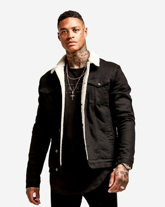 Premium Full sherpa (Far) Black Denim Jacket - DENIMS