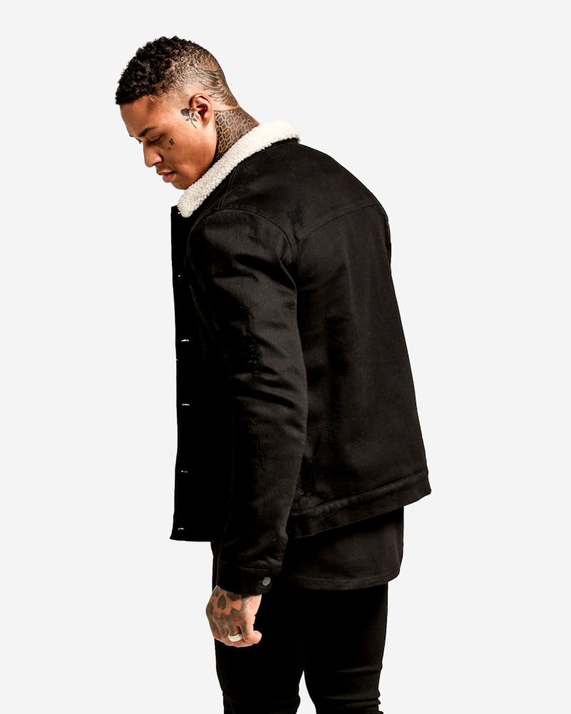 Premium Full sherpa (Far) Black Denim Jacket - DENIMS