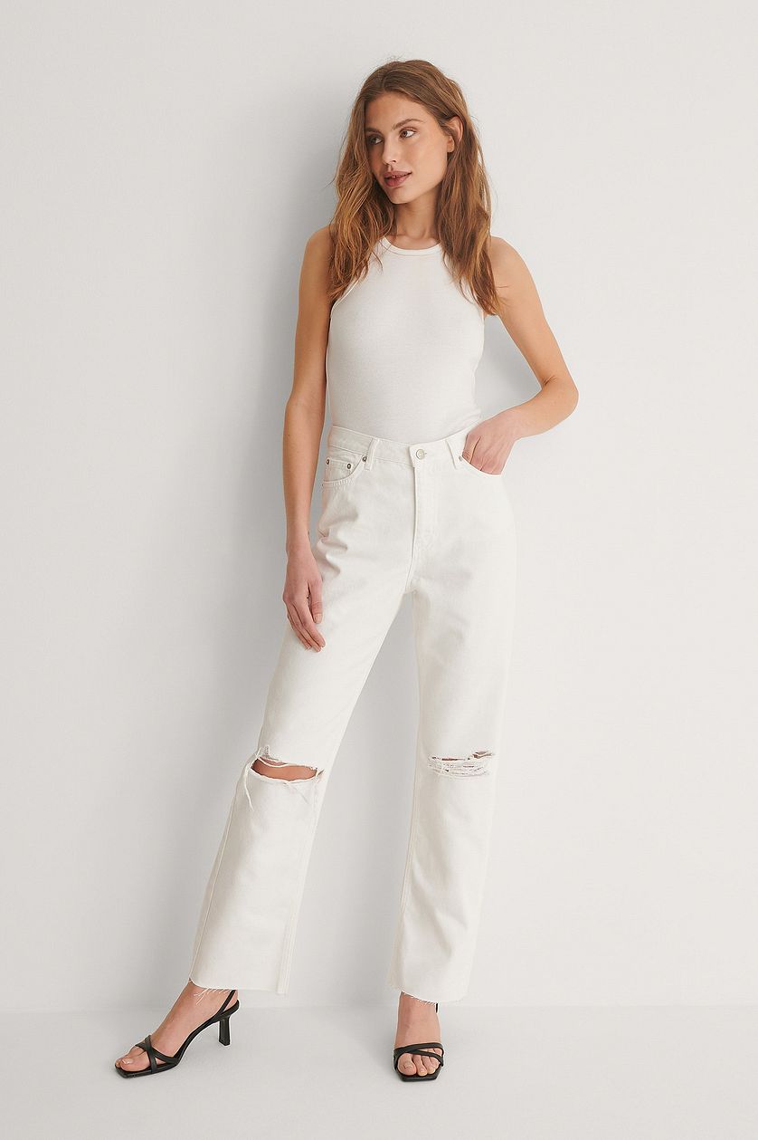 Straight High Waist Raw Hem Destroyed Jeans - DENIMS