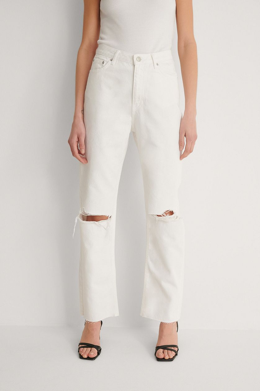 Straight High Waist Raw Hem Destroyed Jeans - DENIMS