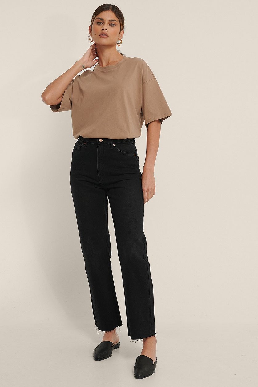 Straight High Waist Raw Hem Jeans - DENIMS