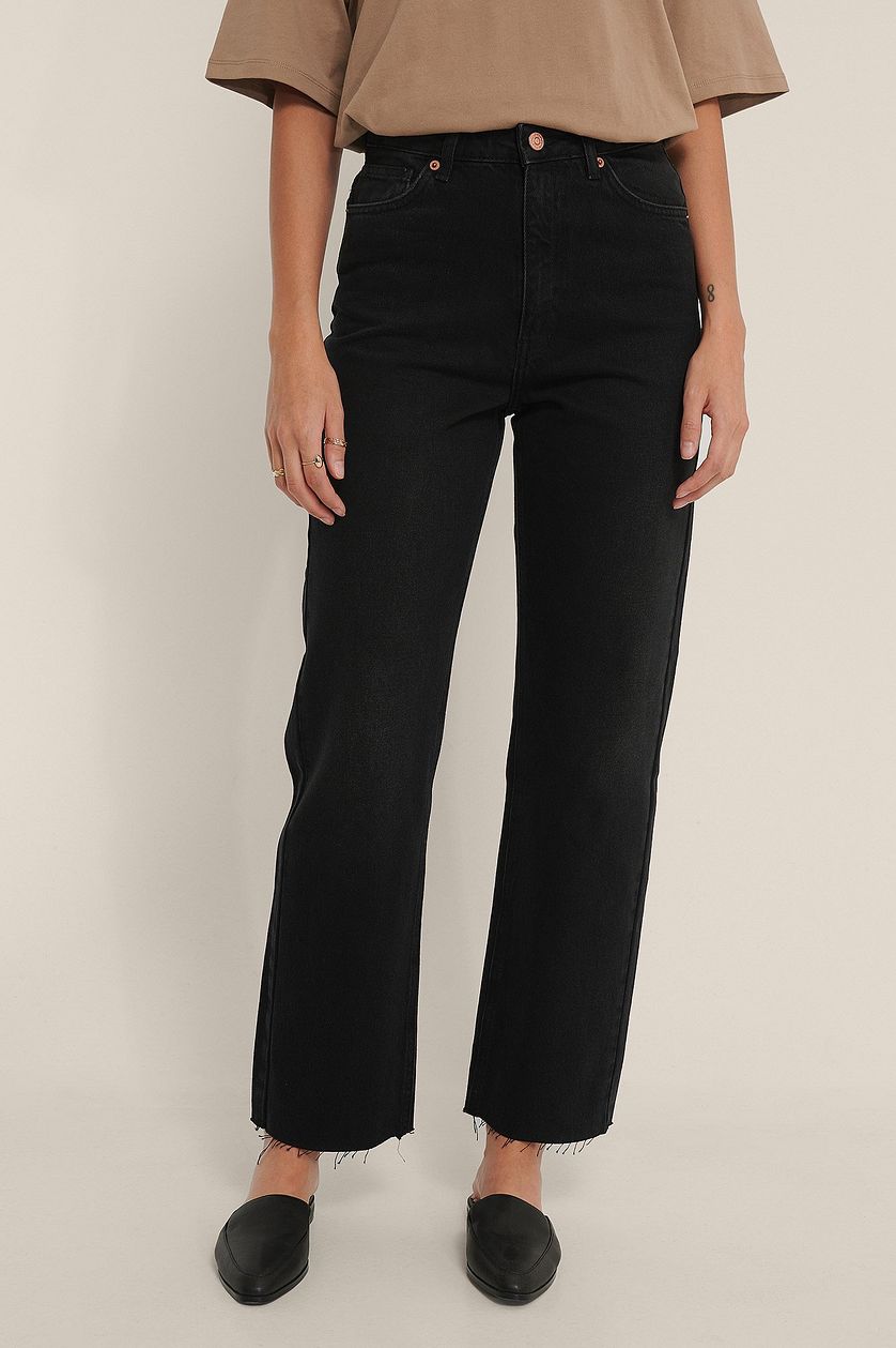 Straight High Waist Raw Hem Jeans - DENIMS