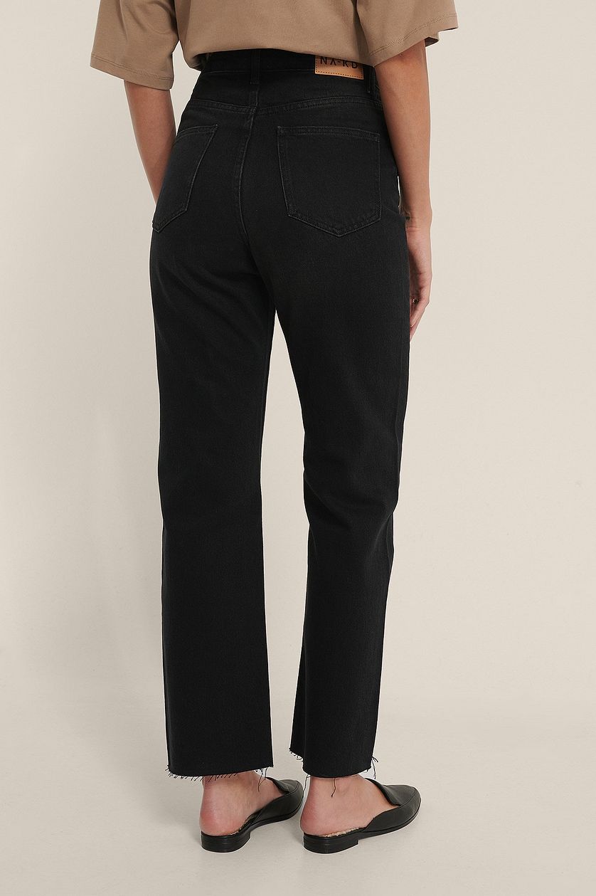 Straight High Waist Raw Hem Jeans - DENIMS