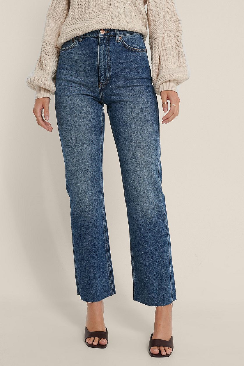 Straight High Waist Raw Hem Jeans - DENIMS