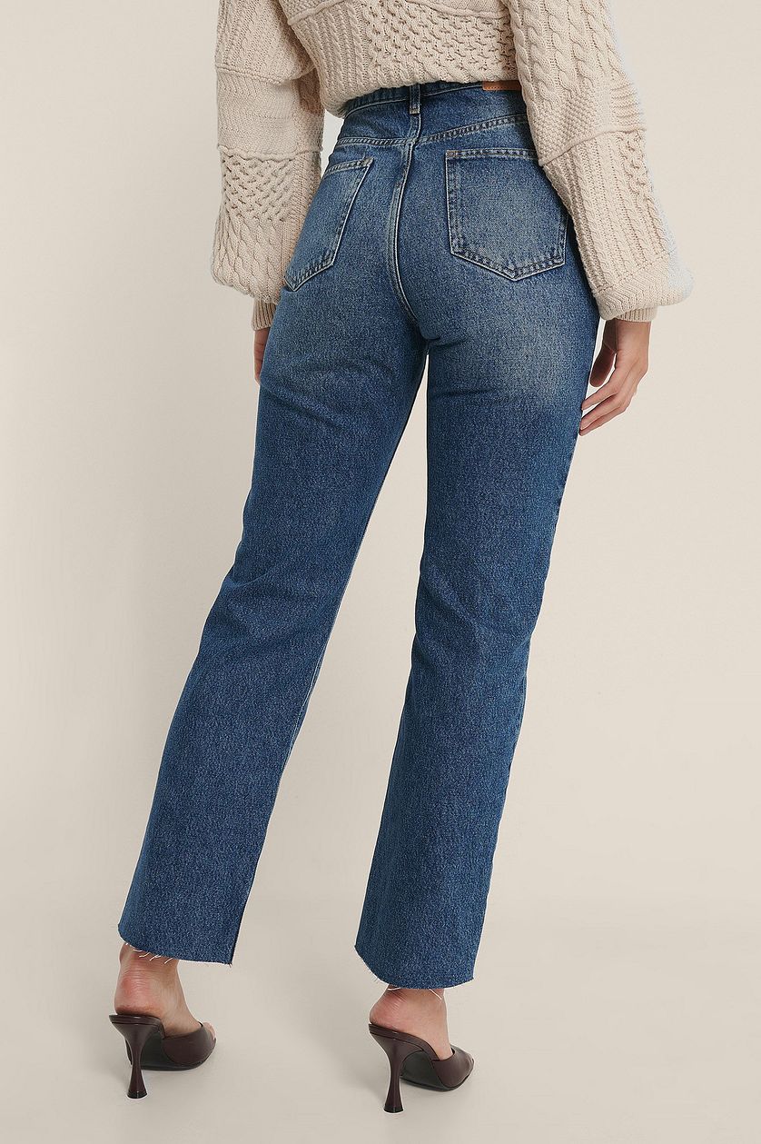 Straight High Waist Raw Hem Jeans - DENIMS