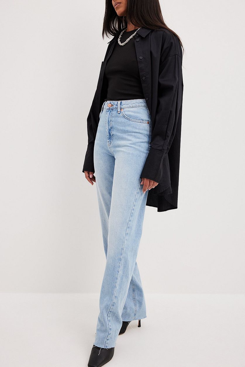Straight High Waist Raw Hem Jeans - DENIMS