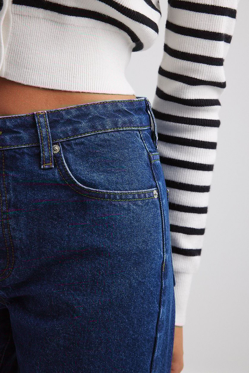 Straight Mid Waist Seam Detail Jeans - DENIMS
