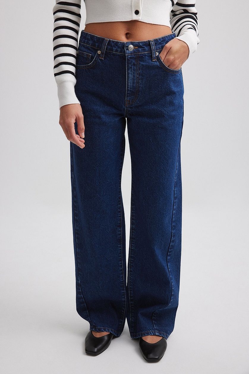 Straight Mid Waist Seam Detail Jeans - DENIMS