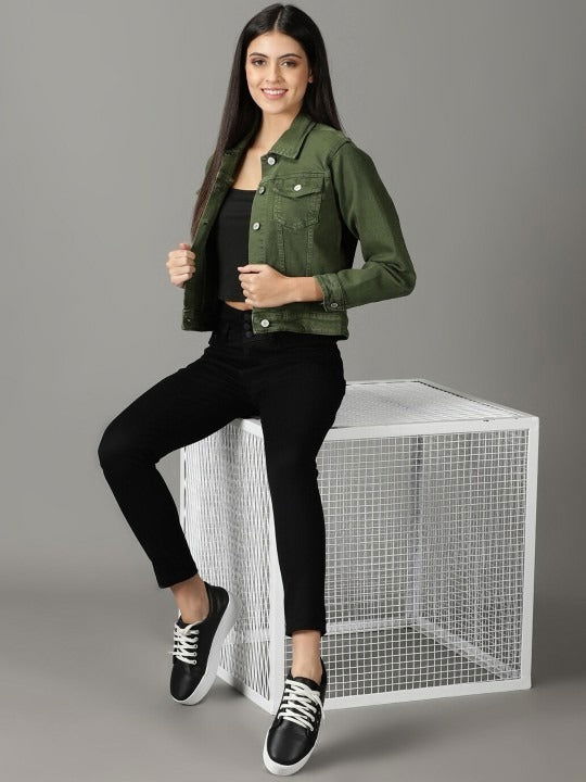 Women Olive Green Denim Jacket - DENIMS