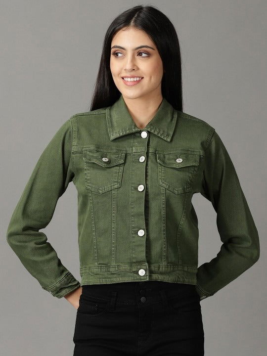 Women Olive Green Denim Jacket - DENIMS