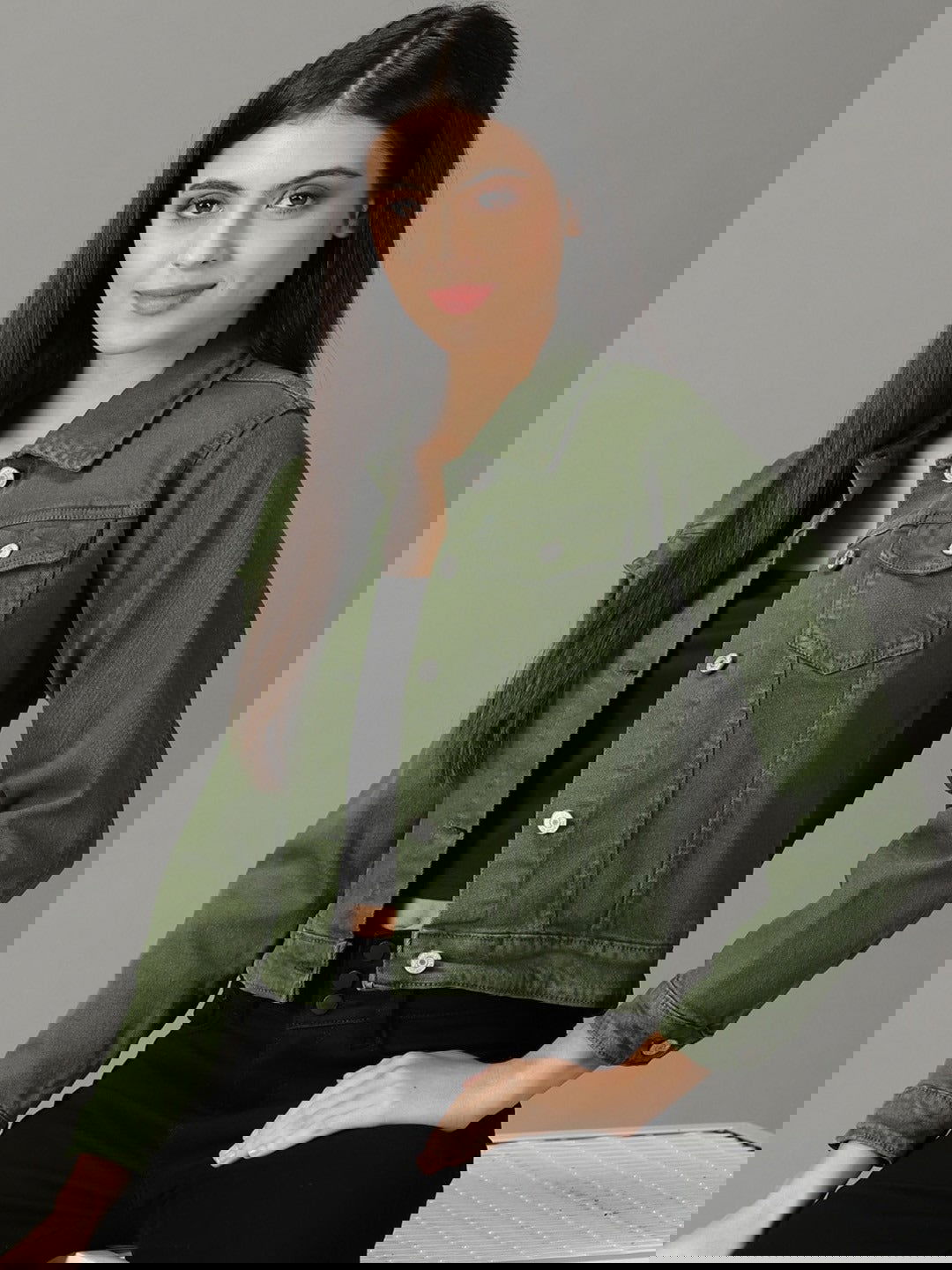 Women Olive Green Denim Jacket - DENIMS