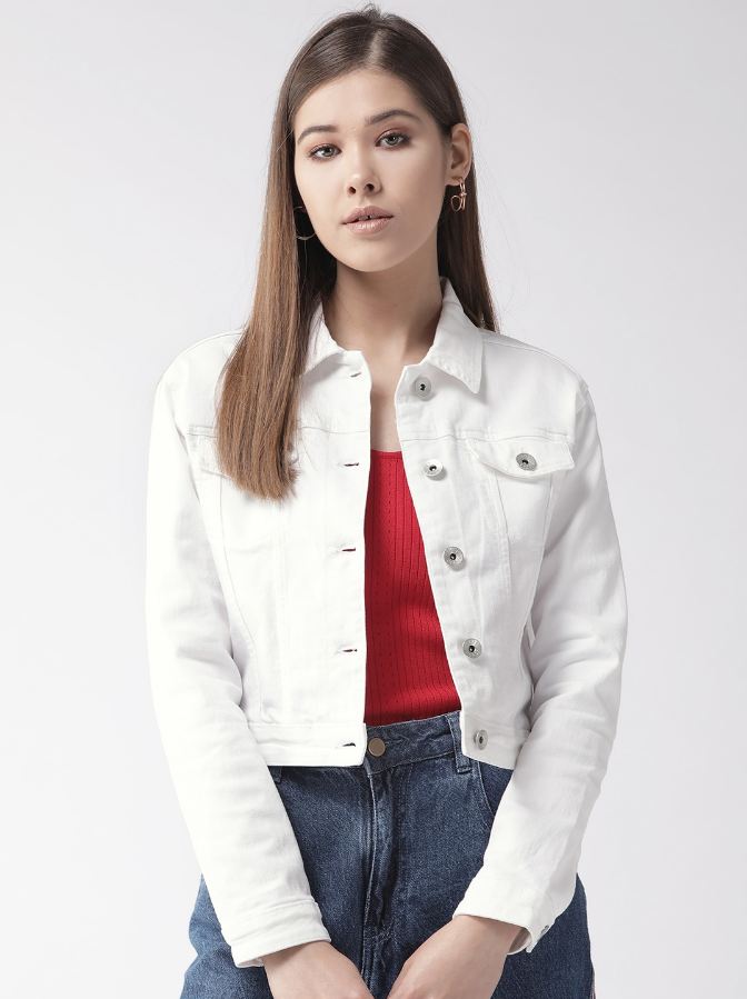 Women White Solid Denim Jacket - DENIMS