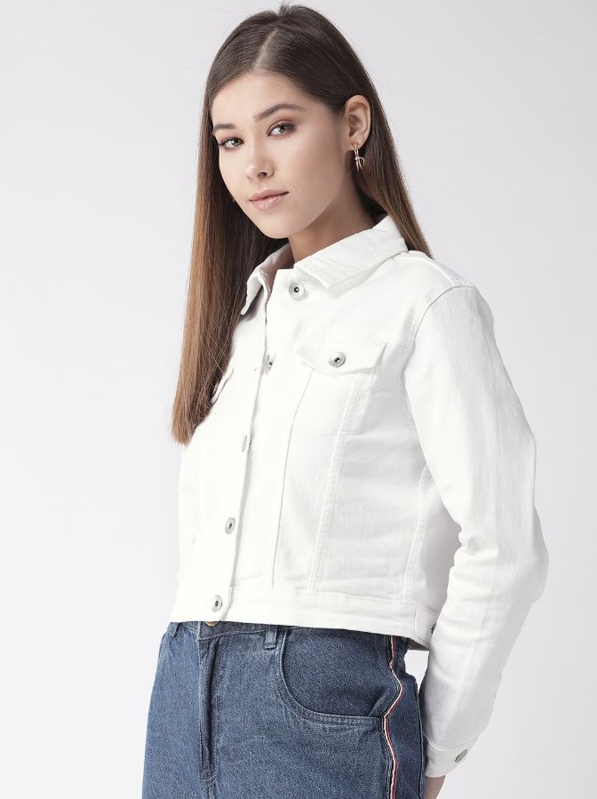 Women White Solid Denim Jacket - DENIMS