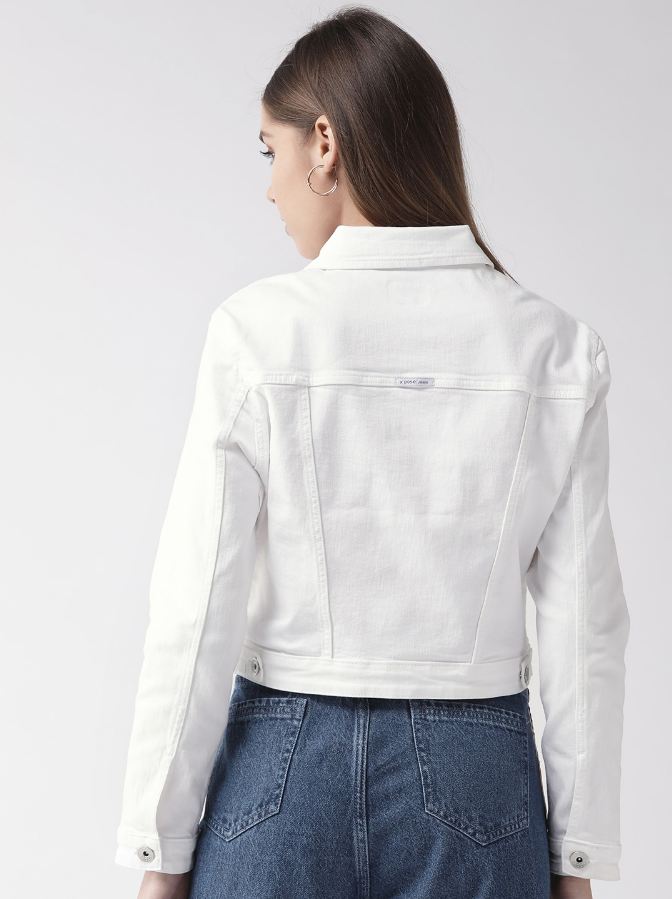 Women White Solid Denim Jacket - DENIMS