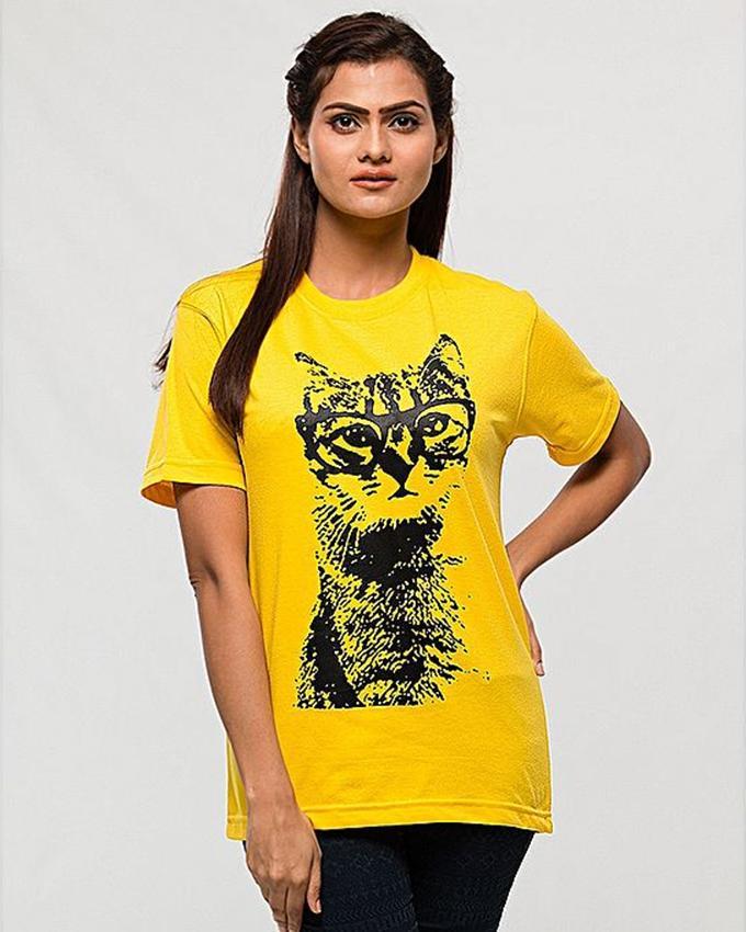 Yellow Cat Cotton Printed T-Shirt For Women