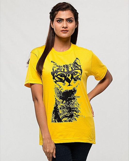 Yellow Cat Cotton Printed T-Shirt For Women
