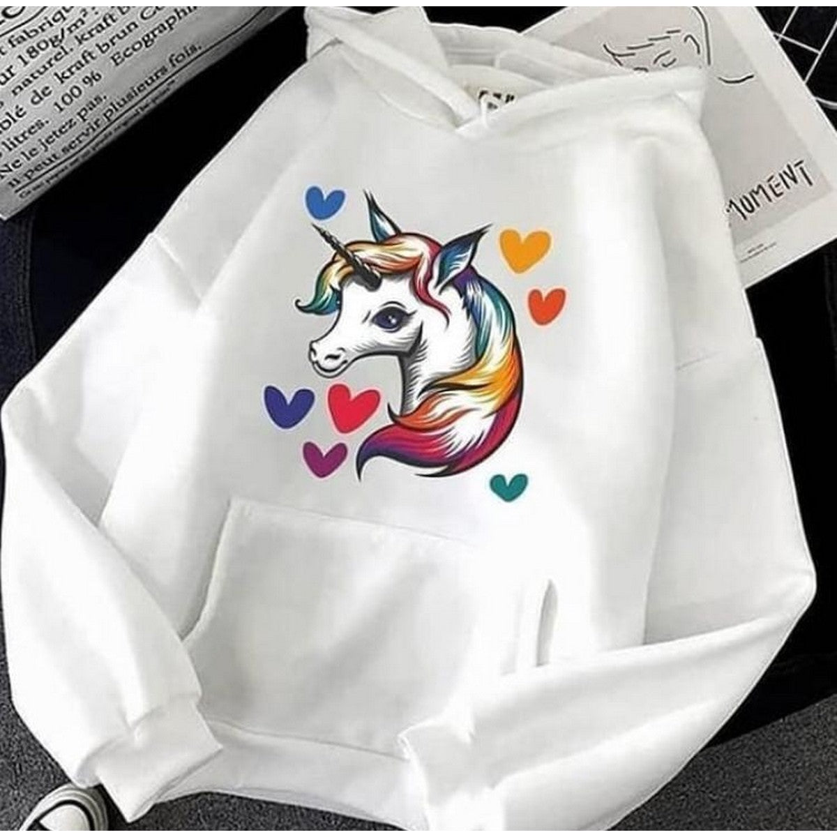 White Unicorn Fleece Full Sleeves Pull Over Hoodie For Women