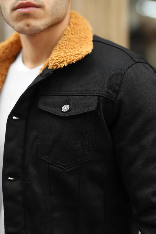 Full Inner Brown Fur Black Denim Jacket