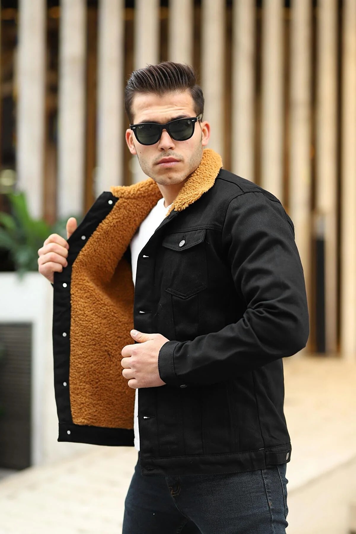 Full Inner Brown Fur Black Denim Jacket