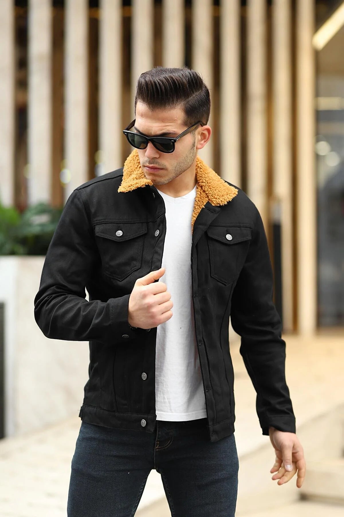 Full Inner Brown Fur Black Denim Jacket