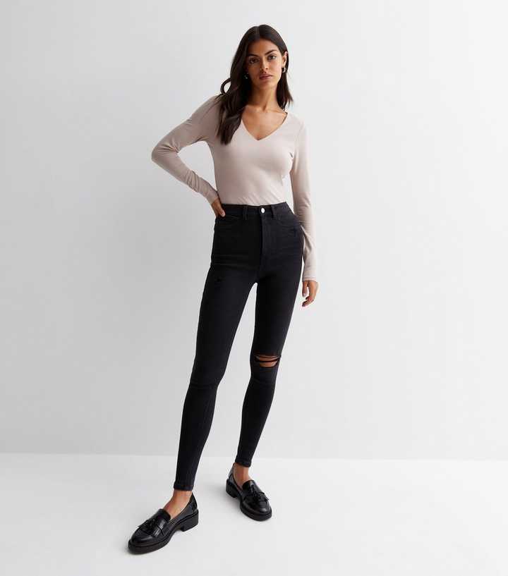 Black High Waist Ripped Knee Skinny Jeans - DENIMS - Jeans -