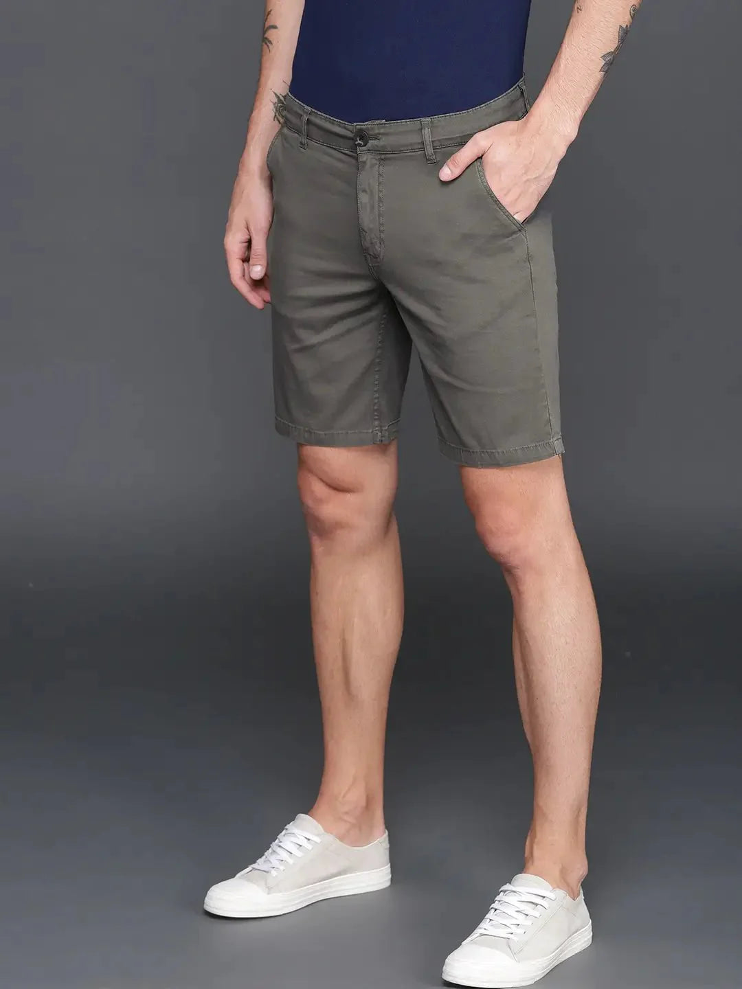 Men Grey Solid Slim Fit Chino Shorts - DENIMS - Shorts -