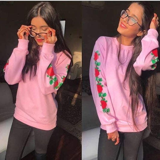 Pink Printed Flowered Sleeves Sweatshirt 457