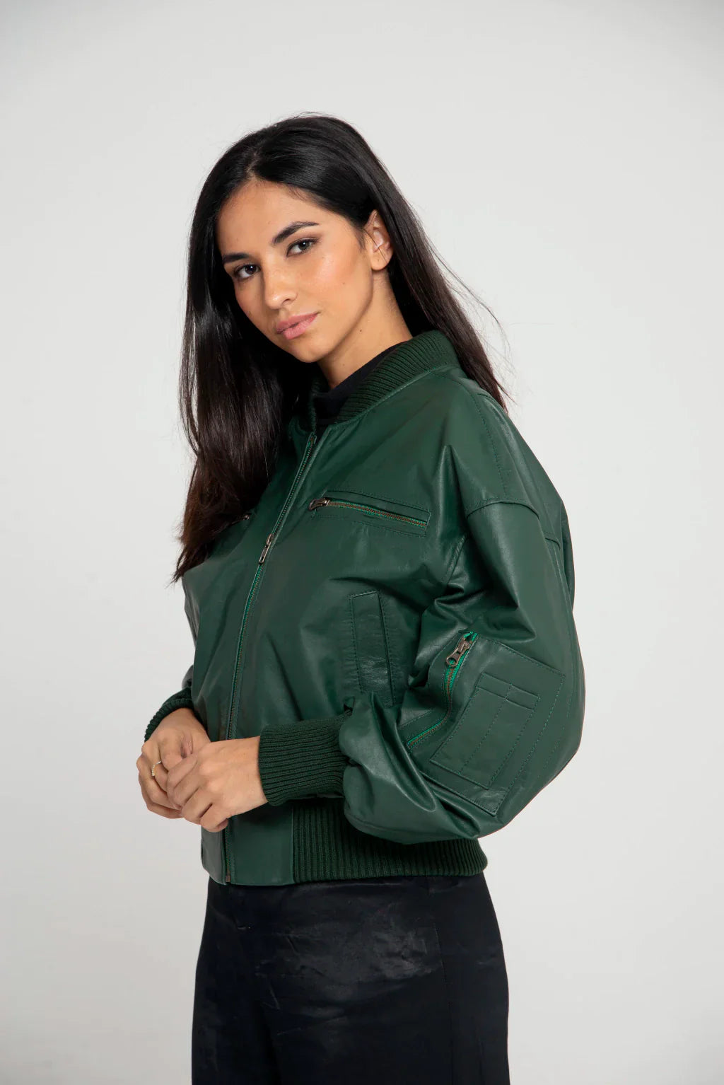 Ace Green Women Bomber Leather Jacket