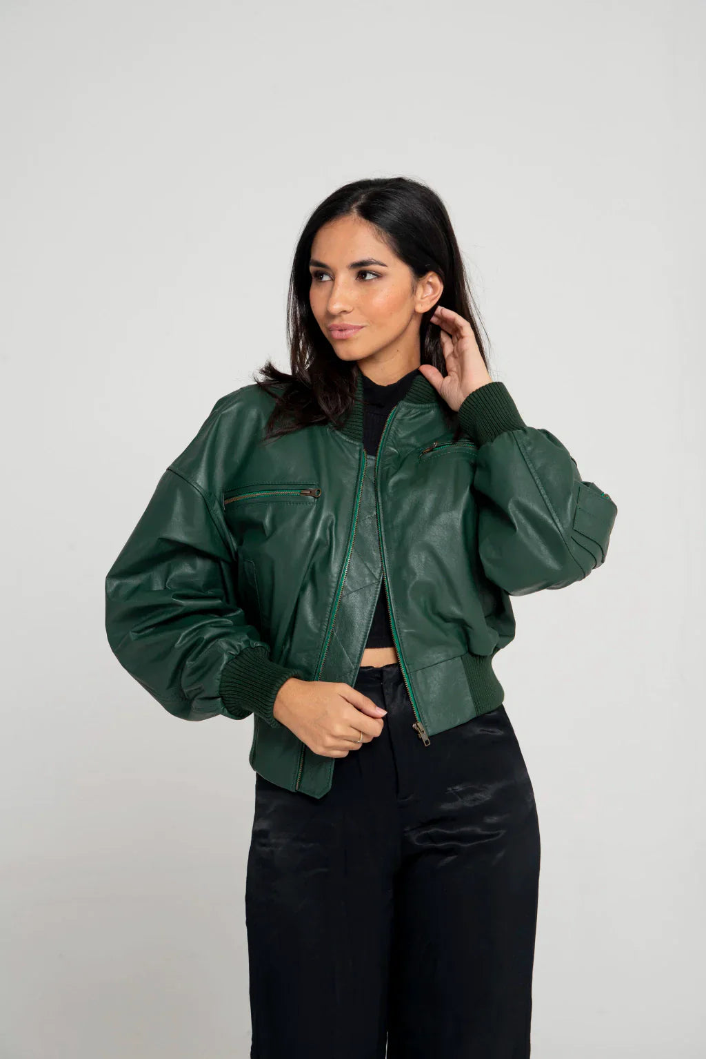 Ace Green Women Bomber Leather Jacket