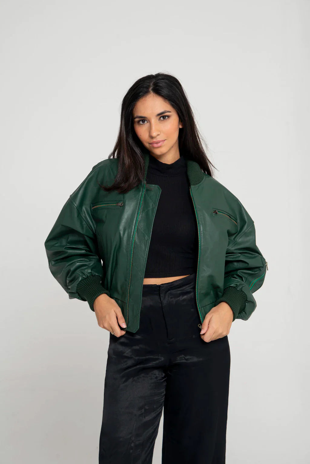 Ace Green Women Bomber Leather Jacket