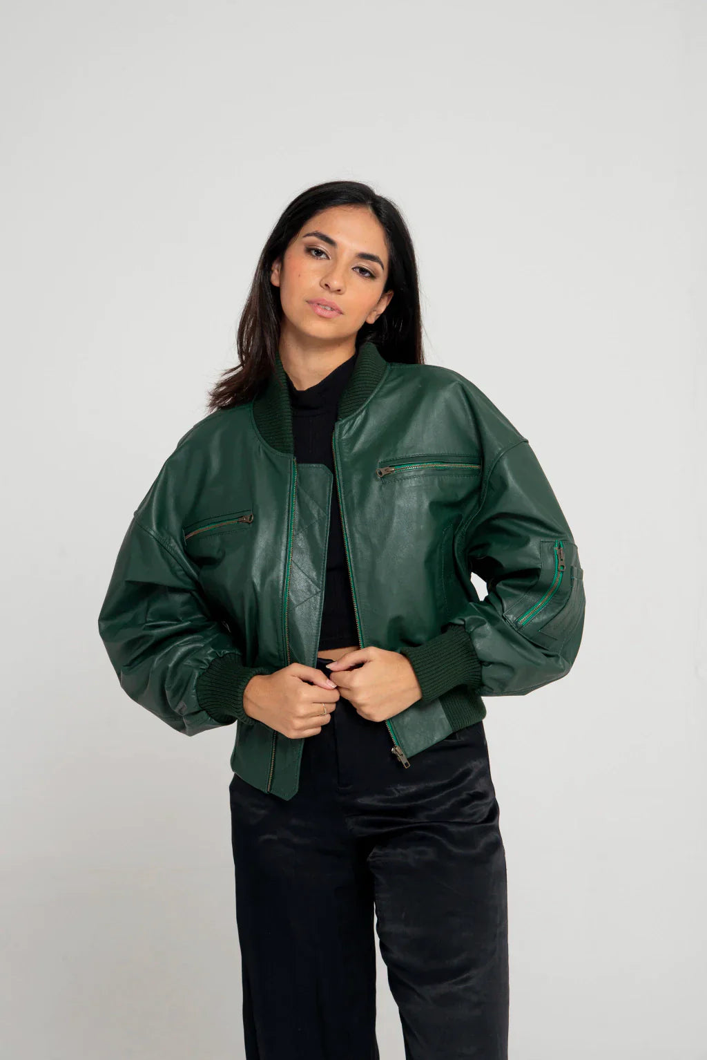Ace Green Women Bomber Leather Jacket