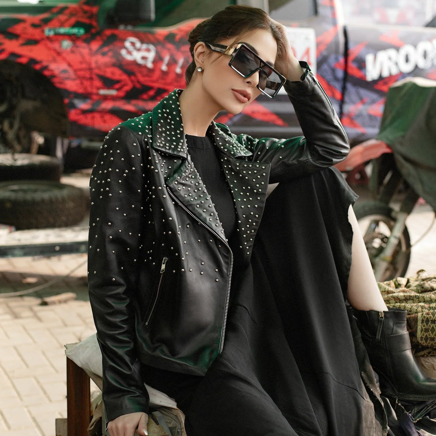 Classic Studded Women Leather Jacket