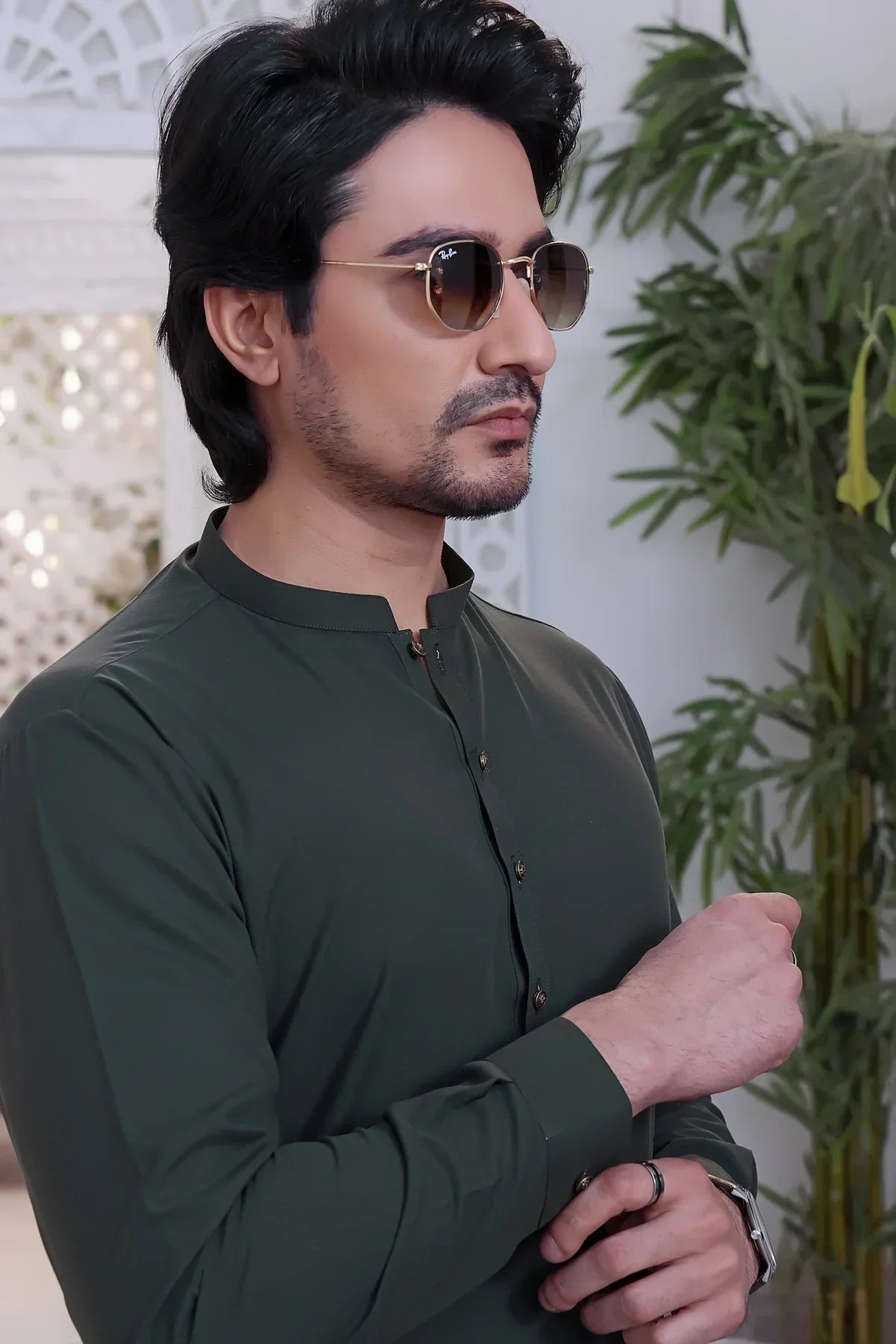 Verdant Charm: Basil Green Shalwar Kameez For Men