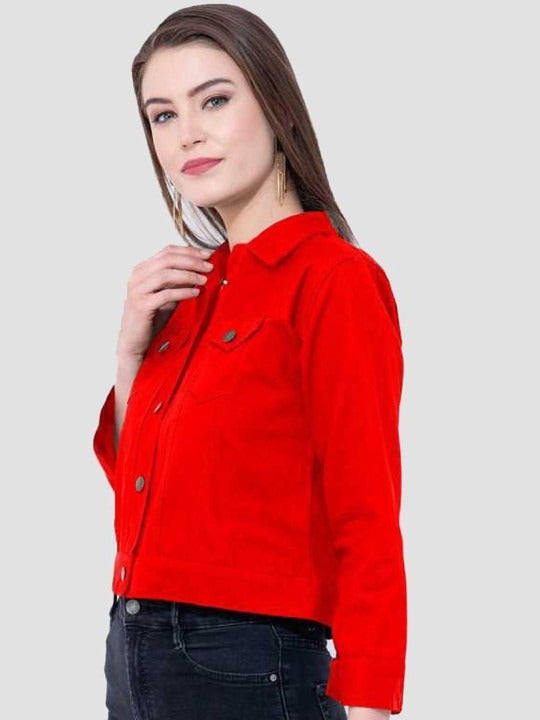 Women Red Cotton Lightweight Crop Denim Jacket – Breathable Summer Streetwear for Pakistan | DENIMS