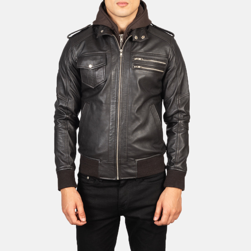 Cognac Brown Hooded Leather Bomber Jacket