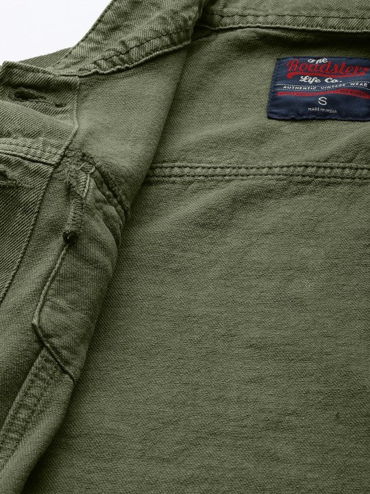 Women Olive Green Solid Boyfriend Denim Trucker