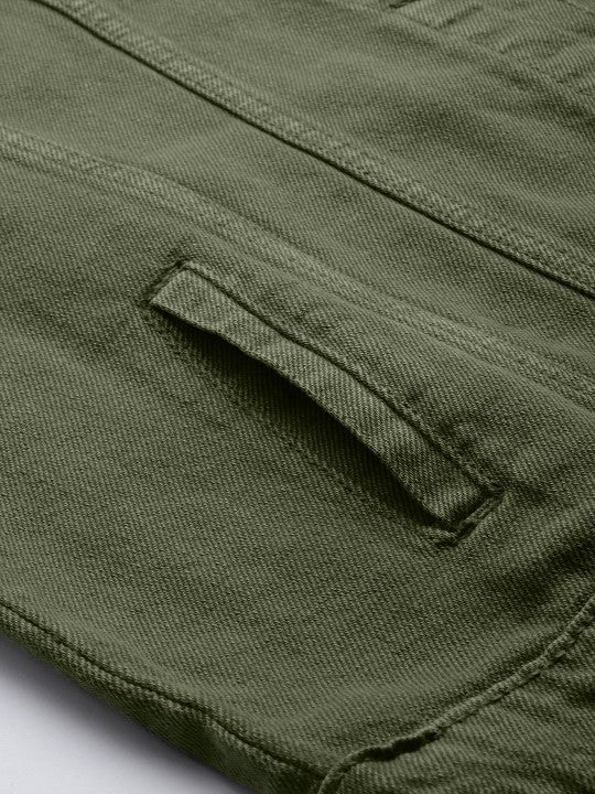 Women Olive Green Solid Boyfriend Denim Trucker