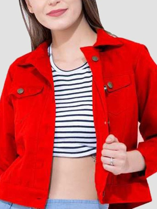 Women Red Cotton Lightweight Crop Denim Jacket – Breathable Summer Streetwear for Pakistan | DENIMS